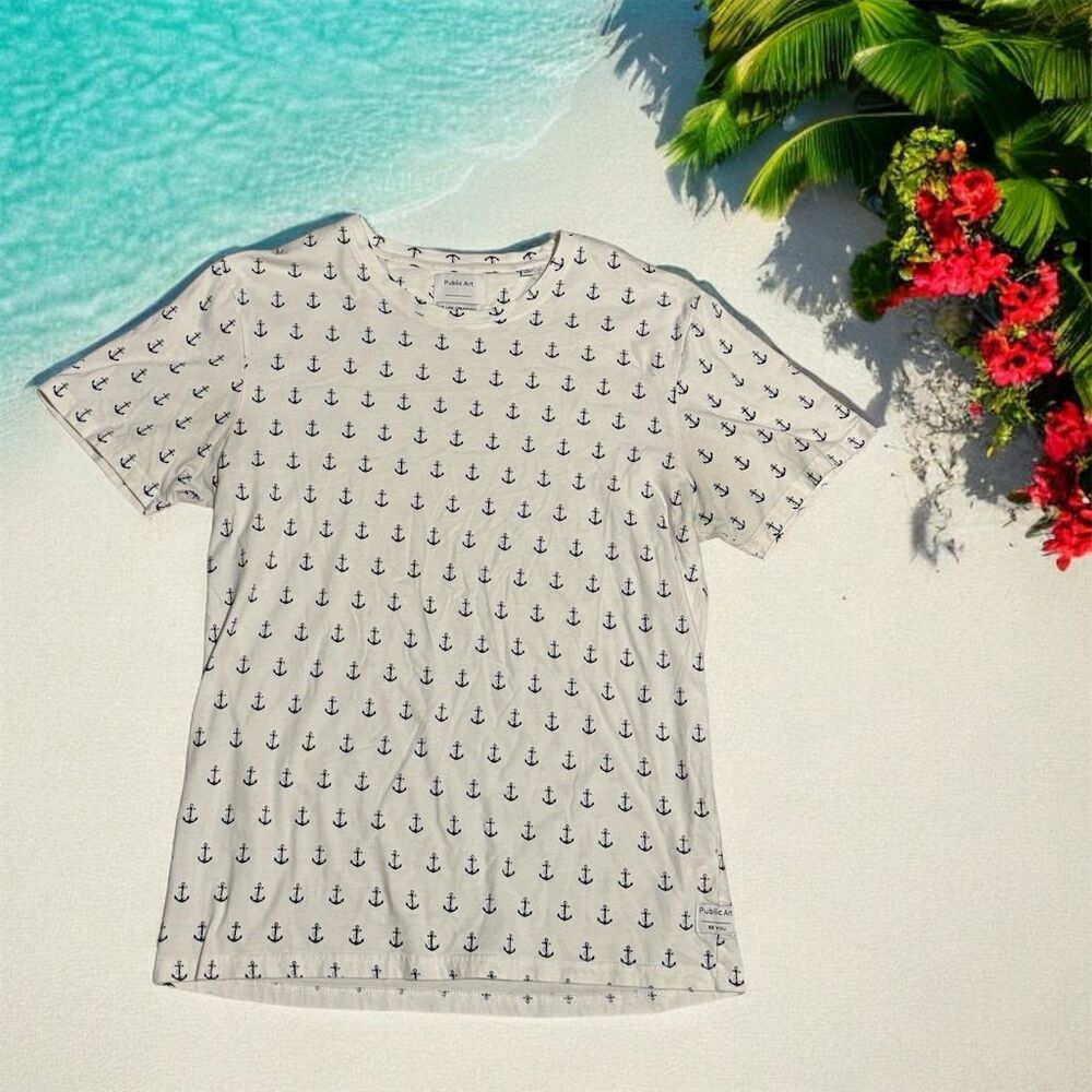 Public Art Men's Anchor Print T-Shirt White Size L Graphic Crew Neck